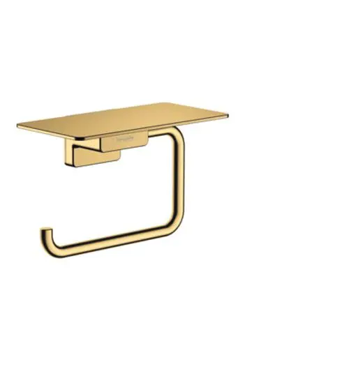 Hansgrohe Toilettenpapierhalter in Goldoptik mit integrierter Ablage. Das Design zeigt eine schlichte, moderne Form mit klaren Linien.